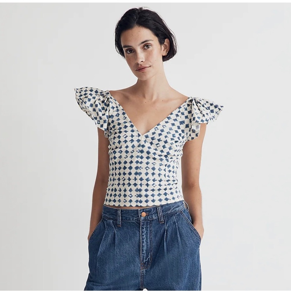 Madewell Shibori Print blue & ivory Cotton V-Back Top Size 2 NWT